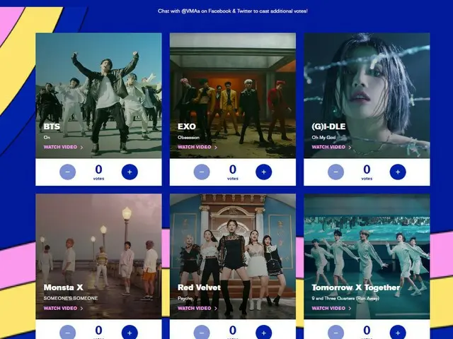 在“ BTS”，“ EXO”，“ GFRIEND”，“ MONSTA X”，“ Red Velvet”，“ TXT”，美国“ 2020 MTV音乐录影带大奖”中