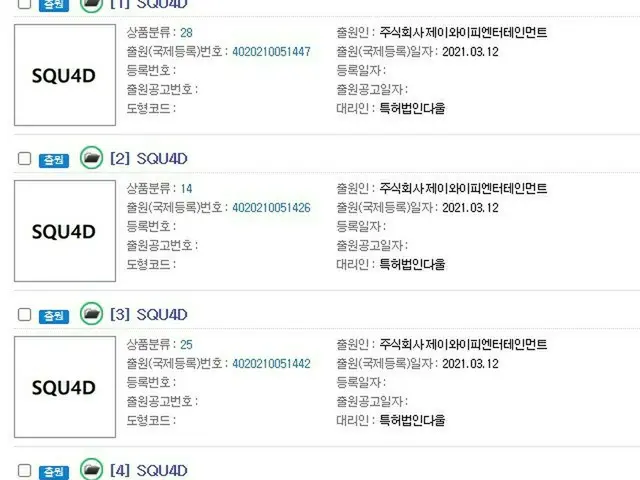 JYP Entertainment提出了“ SQU4D”的商标申请