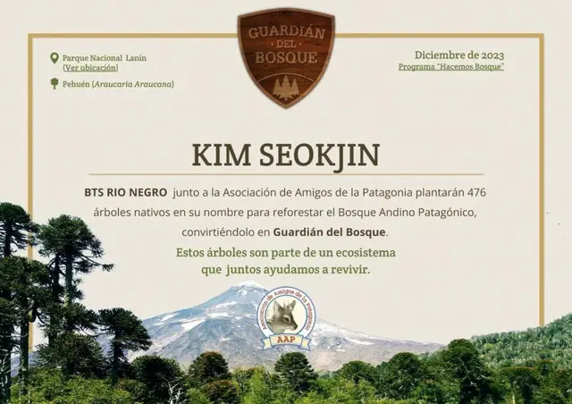 「BTS（防弾少年団）」JIN、アルゼンチンのファンのアンデス・パタゴニア「キム・ソクジン」森の再植林…善良な影響力の実践